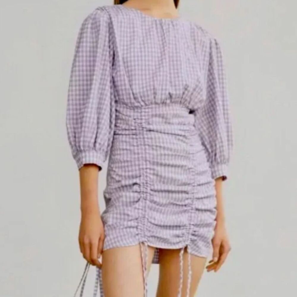 Zara Purple Gingham Ruched Puff Sleeve Cottagecore Mini Dress Size Medium